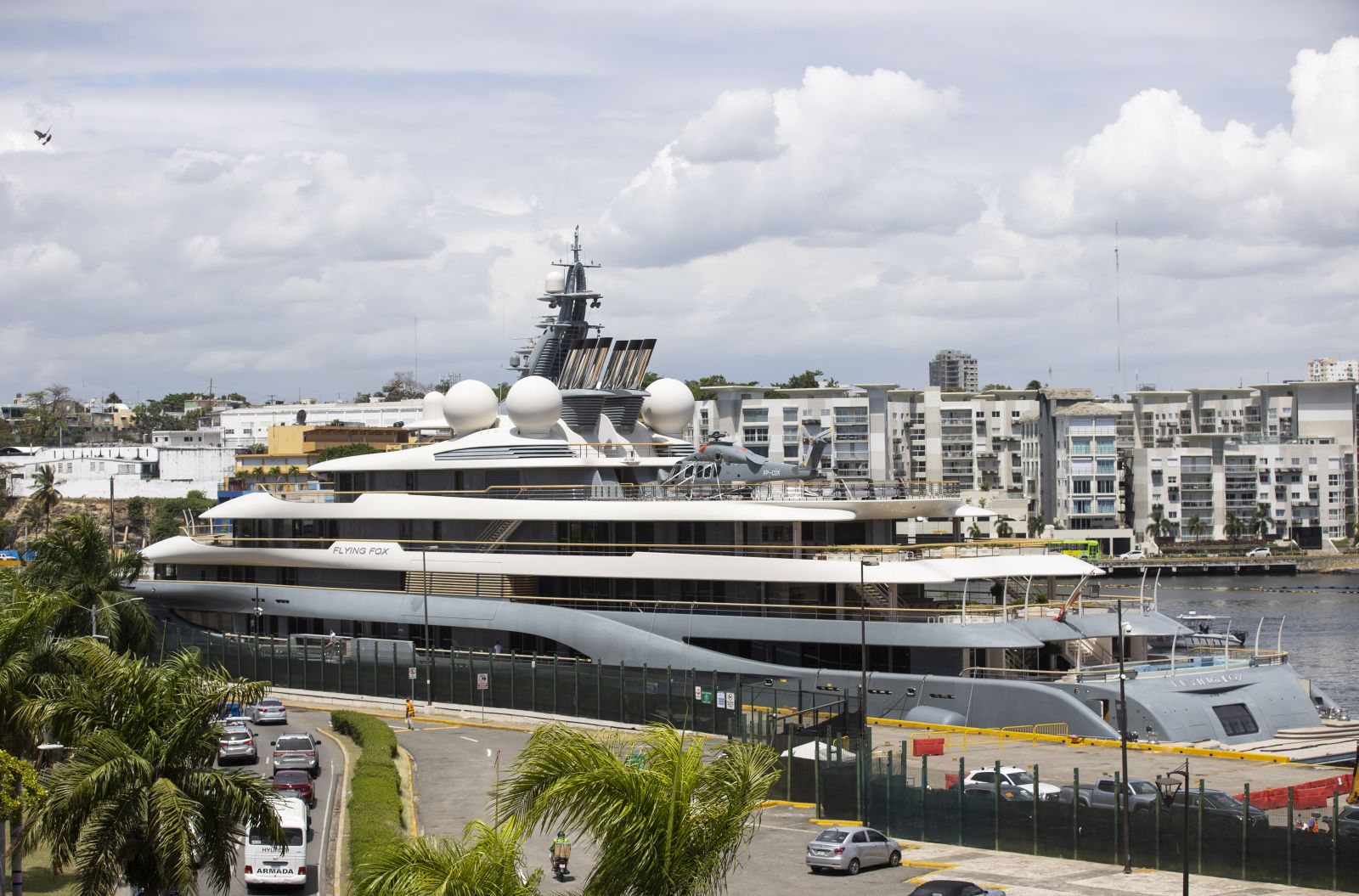 epa09849954 The luxury yacht "Flying Fox", which remains anchored in the Don Diego port, in Santo Domingo, Dominican Republic, 25 March 2022. Agents from the United States Homeland Security Investigations (HSI) office visited a luxury yacht linked to a Russian oligarch, which is anchored in the port of Santo Domingo on 25 March. During their inspection visit, the US agents were accompanied by officers from various Dominican agencies, according to videos broadcast by local media. The investigated ship, called 'Flying Fox', is one of the most luxurious pleasure yachts in the world and belongs to Russian businessman Dmitry Kamenshchik, owner of Moscow's Domodedovo airport.  EPA/Orlando Barria
