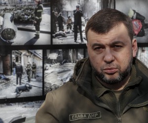 epa09852016 Head of the Donetsk People's Republic Denis Pushilin speaks with journalists at the place where people were killed in downtown of Donetsk, Ukraine, 26 March 2022. On 14 March over the building of the Government House in the center of Donetsk, air defense forces intercepted a missile of the tactical missile system 'Tochka-U' as a result of this, 21 people, including children, were killed and 36 were injured. On 24 February Russian troops had entered Ukrainian territory in what the Russian president declared a 'special military operation', resulting in fighting and destruction in the country, a huge flow of refugees, and multiple sanctions against Russia.  EPA/SERGEI ILNITSKY