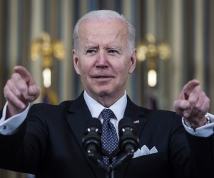 epa09856585 US President Joe Biden announces his administration’s 5.8 trillion US dollar budget for fiscal year 2023 in the State Dining Room of the White House in Washington, DC, USA, 28 March 2022. The president also answered multiple questions about his apparent gaffe in Poland, when he stated Putin 'cannot remain in power.’  EPA/JIM LO SCALZO