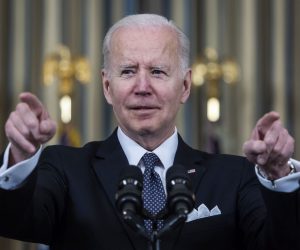 epa09856585 US President Joe Biden announces his administration’s 5.8 trillion US dollar budget for fiscal year 2023 in the State Dining Room of the White House in Washington, DC, USA, 28 March 2022. The president also answered multiple questions about his apparent gaffe in Poland, when he stated Putin 'cannot remain in power.’  EPA/JIM LO SCALZO