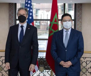 epa09857524 US Secretary of State Antony Blinken and Moroccan Foreign Minister Nasser Bourita (R) pose for a photo prior to their meeting in Rabat, Morocco, 29 March 2022. Blinken is visiting Morocco where he is scheduled to have separate meetings with Moroccan Prime Minister Aziz Akhannouch and UAE Crown Prince Sheikh Mohammed bin Zayed Al Nahyan.  EPA/JALAL MORCHIDI