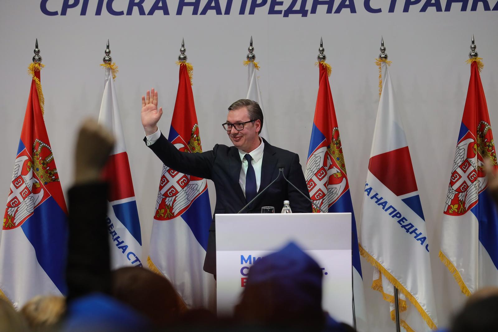 07, March, 2022, Leskovac - The Serbian Progressive Party held a pre-election rally in Leskovac. Aleksandar Vucic. Photo: Milan Maricic/ATAImages

07, ozujak, 2022, Leskovac  - Srpska napredna stranka odrzala je predizborni skup u Leskovcu. Photo: Milan Maricic/ATAImages Photo: Milan Maricic/ATAImages/PIXSELL