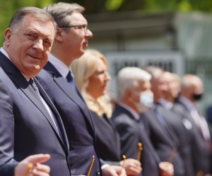 08.05.2021., Kozarska Dubica, Bosna i Hercegovina - Na Spomen-podrucju Donja Gradina obiljezen je Dan sjecanja na zrtve ustaskih zlocina u Drugom svjetskom ratu u koncentracijskom logoru Jasenovac i njegovom najvecem stratistu Donjoj Gradini. Milorad Dodik, Aleksandar Vucic Photo: Dejan Rakita/PIXSELL