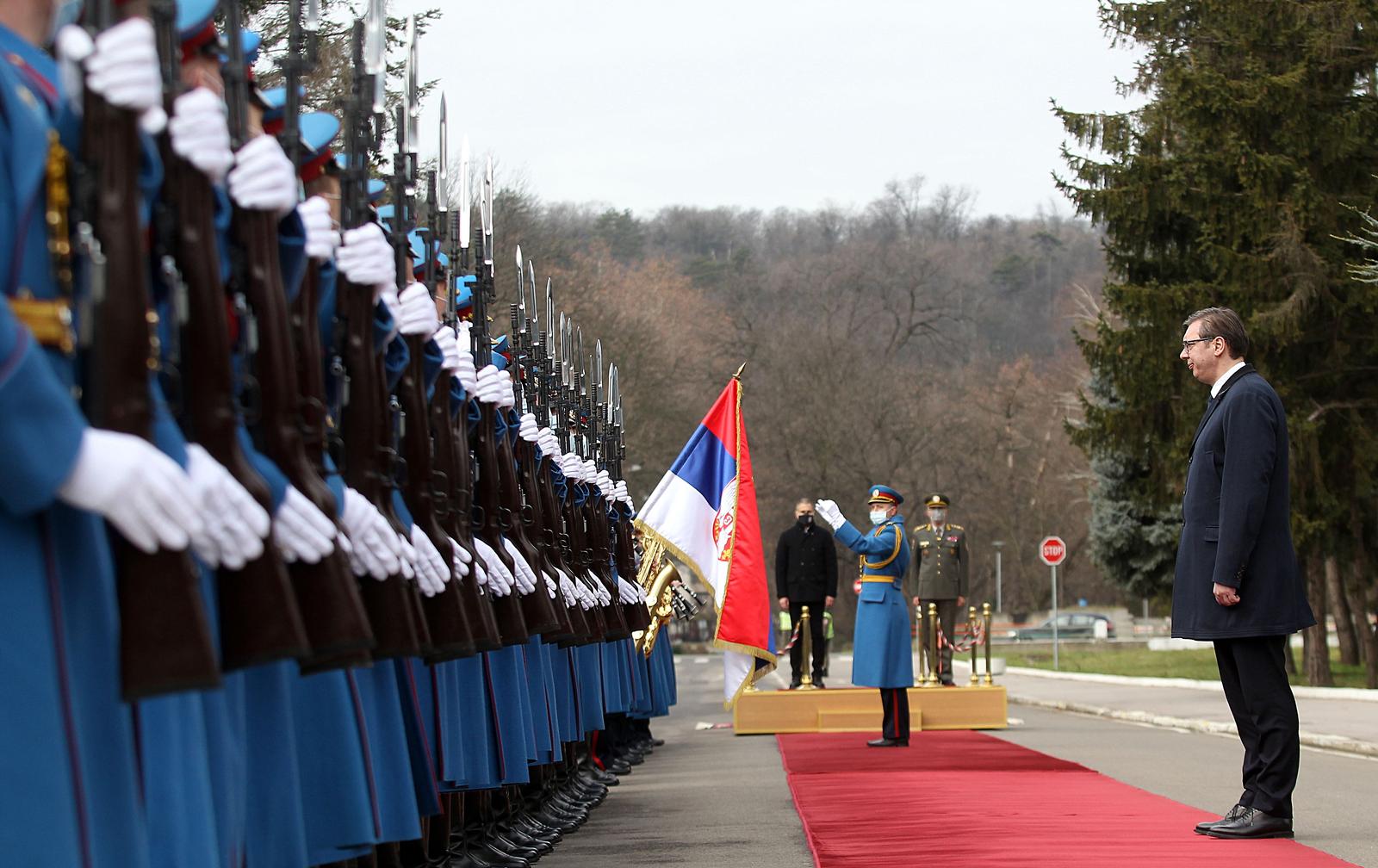 28, January, 2021, Belgrade - At the Topcider Guard House, Serbian President Aleksandar Vucic, Defense Minister Nebojsa Stefanovic and Chief of General Staff Milan Mojsilovic attended a presentation on the results of the analysis of the state of functional and operational capabilities of the Serbian Army for 2020. Nebojsa Stefanovic, Milan Mojsilovic, Aleksandar Vucic. Photo: A.K./ATAImagesrr28, januar, 2021, Beograd - U Domu garde Topcider predsednik Srbije Aleksandar Vucic, ministar odbrane Nebojsa Stefanovic i nacelnik Generalstaba Milan Mojsilovic prisustvovali su referisanju o rezultatima analize stanja funkcionalnih i operativnih sposobnosti Vojske Srbije za 2020. godinu. Photo: A.K./ATAImages
