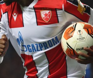 Soccer Football - Europa League - Round of 16 First Leg - Rangers v Crvena Zvezda - Ibrox, Glasgow, Scotland, Britain - March 10, 2022 General view of a Crvena Zvezda players shirt showing their sponsors logo Gazprom Action Images via Reuters/Carl Recine