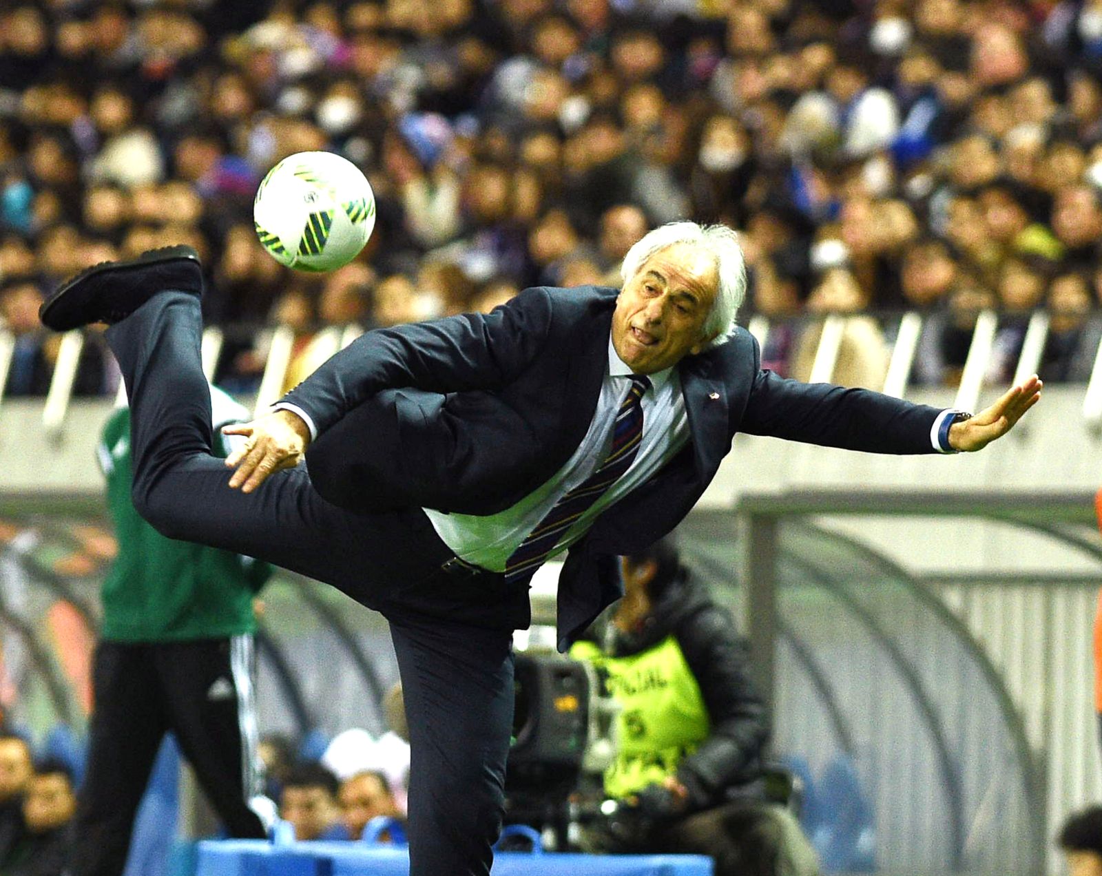 Japan skpper  Vahid Halilhodzic performs a trapping  during the second half of the World Cup Asian qualifiers game against Syria at Saitama Stadium, in Saitama Prefecture  on March 29, 2016.  Japan beat Syria 5-0.  ( The Yomiuri Shimbun via AP Images )