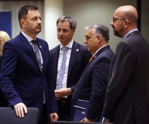 epa09846969 (L-R) Slovakia's Prime Minister Eduard Heger, Belgium's Prime Minister Alexander De Croo, Hungarian Prime Minister Viktor Orban and European Council President Charles Michel at the start of European Council Summit with european Parliament President in Brussels, Belgium, 24 March 2022. The European Council summit starts with the participation of US President Joe Biden to address Russia's ongoing military aggression against Ukraine. After that, Head of states will continue discussions on how best to support Ukraine in these dramatic circumstances.  EPA/OLIVIER HOSLET