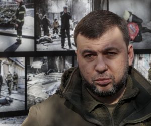 epa09852016 Head of the Donetsk People's Republic Denis Pushilin speaks with journalists at the place where people were killed in downtown of Donetsk, Ukraine, 26 March 2022. On 14 March over the building of the Government House in the center of Donetsk, air defense forces intercepted a missile of the tactical missile system 'Tochka-U' as a result of this, 21 people, including children, were killed and 36 were injured. On 24 February Russian troops had entered Ukrainian territory in what the Russian president declared a 'special military operation', resulting in fighting and destruction in the country, a huge flow of refugees, and multiple sanctions against Russia.  EPA/SERGEI ILNITSKY