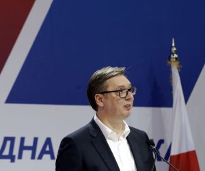 epa09862231 Incumbent Serbian President Aleksandar Vucic speaks during his pre-election rally in Belgrade, Serbia, 31 March 2022. Serbia will be holding general elections on 03 April 2022.  EPA/ANDREJ CUKIC