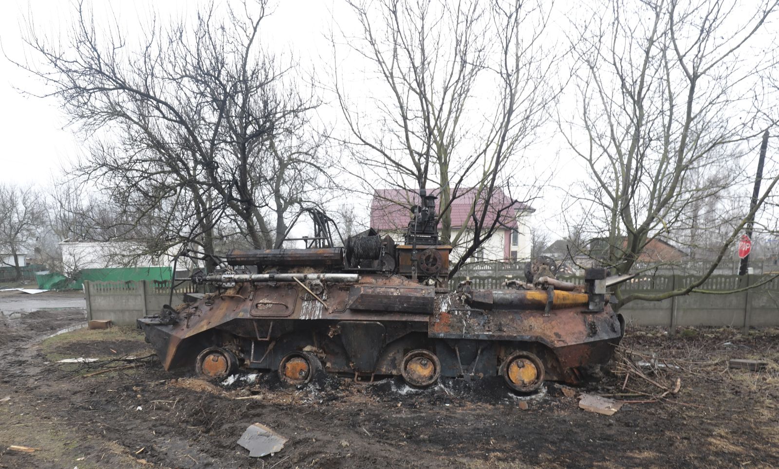 epa09864517 A damaged APS is seen in the recaptured by the Ukrainian army Nova Basan village of Kyiv (Kiev) area, Ukraine, 01 April 2022. Nova Basan and the surrounding area has recently been recaptured by the Ukrainian army from Russian forces, the General Staff of the Armed Forces of Ukraine announced on 01 April. On 24 February, Russian troops had entered Ukrainian territory in what the Russian president declared a 'special military operation', resulting in fighting and destruction in the country, a huge flow of refugees, and multiple sanctions against Russia.  EPA/STR
