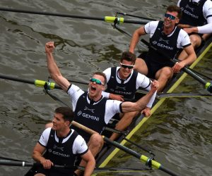 epa09867879 The Oxford crew celebrate after winning the 167th Men's Boat Race between the universities of Oxford and Cambridge in London, Britain, 03 April 2022. It is the 76th edition of the women's race and the 167th of the men's contest.  EPA/NEIL HALL