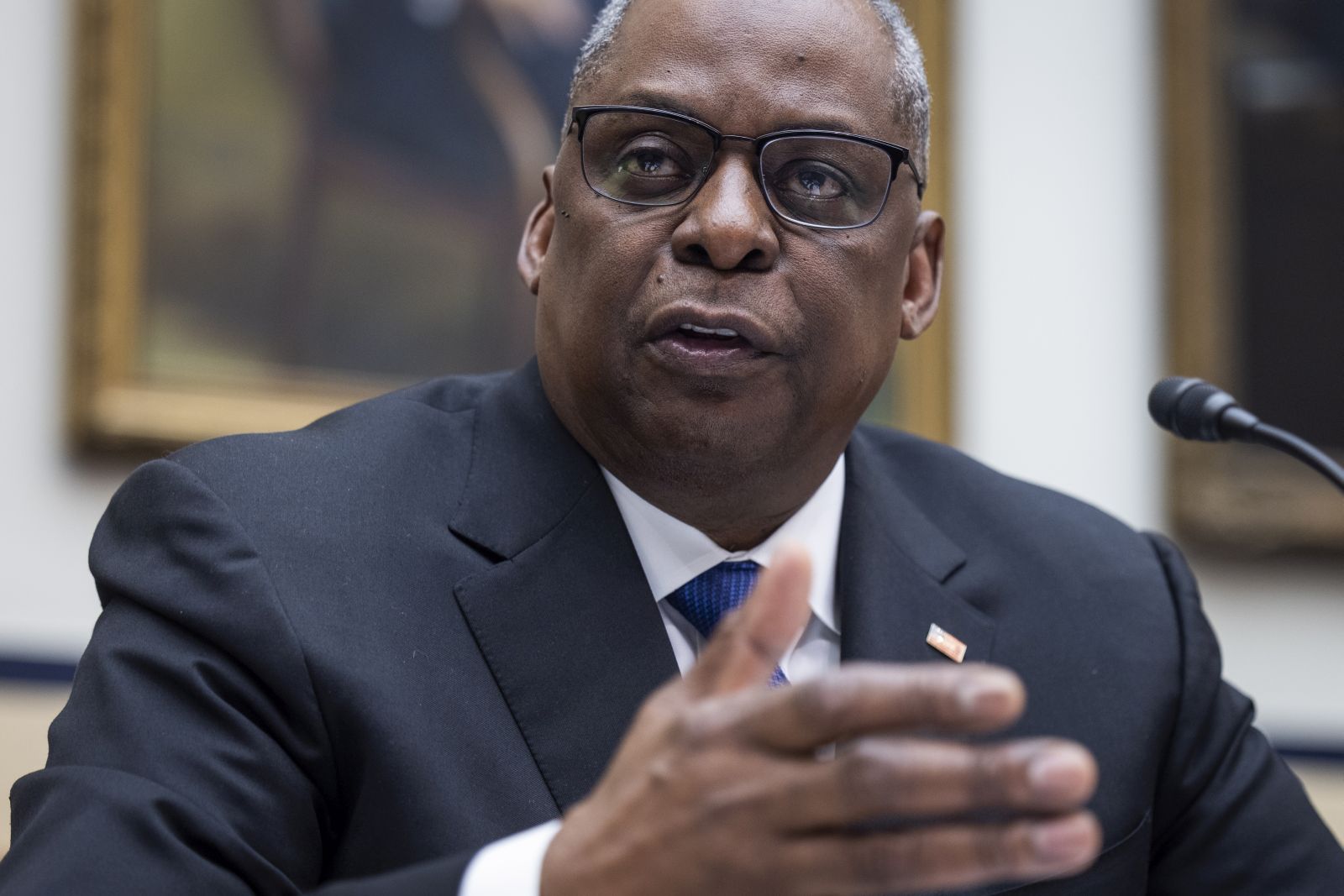 epa09871896 US Secretary of Defense Lloyd Austin testifies before the House Committee on Armed Services in the Rayburn House Office Building in Washington, DC, USA, 05 April 2022. The two were scheduled to discuss their annual budget request but were asked repeatedly about Russia's invasion of Ukraine.  EPA/JIM LO SCALZO