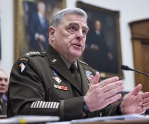 epa09871859 Chairman of the Joint Chiefs General Mark Milley testifies before the House Committee on Armed Services in the Rayburn House Office Building in Washington, DC, USA, 05 April 2022. The two were scheduled to discuss their annual budget request but were asked repeatedly about Russia's invasion of Ukraine.  EPA/JIM LO SCALZO