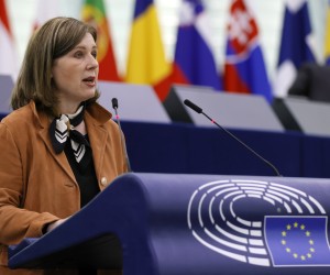 epa09873632 European Commissioner for Values and Transparency Vera Jourova delivers a speech during the debate titled 'Cooperation and similarities between the Putin regime and extreme right and separatist movements in Europe' at the European Parliament in Strasbourg, France, 06 April 2022.  EPA/RONALD WITTEK