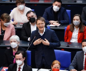 epa09875064 German Health Minister Karl Lauterbach answers from his Member of Parliament's seat  during a debate of the German Bundestag in Berlin, Germany, 07 April 2022. Among other topics, the members of the German parliament Bundestag are about to vote on the subject of a mandatory vaccination against the Covid-19 disease caused by the coronavirus. An additional item on the agenda will discuss a master plan for help for Ukrainian women and children.  EPA/CLEMENS BILAN