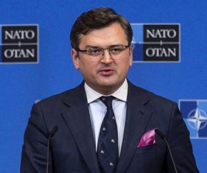 epa09876278 Ukraine's Foreign Minister Dmytro Kuleba speaks at a press conference at the end of a meeting of NATO foreign ministers, at the NATO headquarters in Brussels, Belgium, 07 April 2022. NATO foreign ministers are meeting to discuss how to bolster their support to Ukraine, including by supplying weapons to the conflict-torn country, without being drawn into a wider war with Russia.  EPA/ANGELO CARCONI