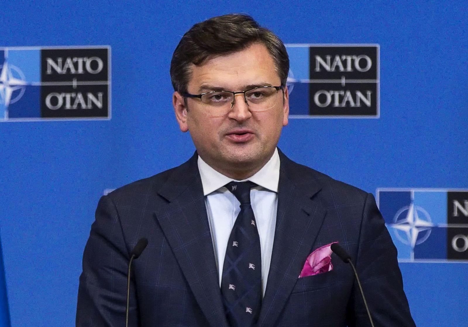 epa09876278 Ukraine's Foreign Minister Dmytro Kuleba speaks at a press conference at the end of a meeting of NATO foreign ministers, at the NATO headquarters in Brussels, Belgium, 07 April 2022. NATO foreign ministers are meeting to discuss how to bolster their support to Ukraine, including by supplying weapons to the conflict-torn country, without being drawn into a wider war with Russia.  EPA/ANGELO CARCONI