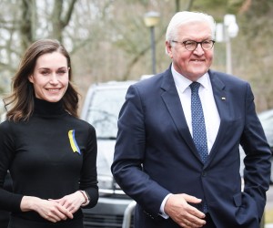 epa09878462 Finland Prime Minister Sanna Marin (L) welcomes German President Frank-Walter Steinmeier (R), in Helsinki, Finland, 08 April 2022.  EPA/KIMMO BRANDT