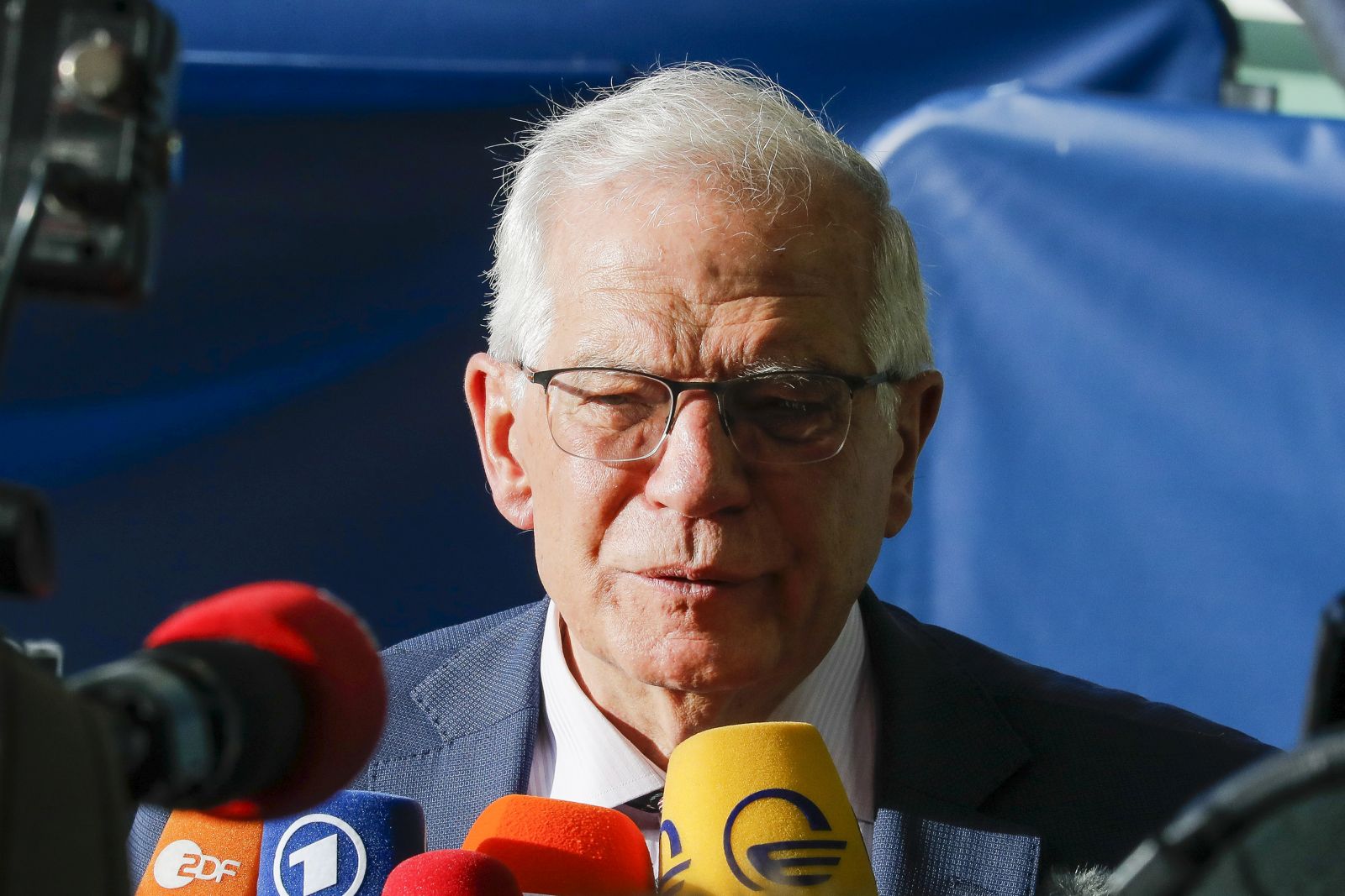 epa09884107 The high representative for the Foreign Affairs of the European Union Josep Borrell speaks to media prior to the Foreign Affairs council in Luxembourg, 11 April 2022. Ministers will discuss the latest developments concerning the Russian aggression against Ukraine.  EPA/JULIEN WARNAND