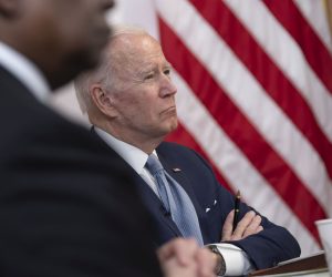 epa09884764 US President Joe Biden, with US Secretary of Defense Lloyd Austin, meets virtually with Prime Minister Narendra Modi of India, at the White House in Washington, DC, USA, 11 April 2022.  EPA/Chris Kleponis / POOL