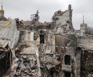 epa09886370 A picture taken during a visit to Mariupol organized by the Russian military shows destruction inside the destroyed Drama Theatre in Mariupol, Ukraine, 12 April 2022. At least 300 people died after a Russian airstrike on the Drama Theatre of Mariupol on 16 March, the Donetsk Regional State Administration sai whereas the Russian Defence Ministry denies the airstike and claims the theatre was blown up by the Azov battalion. Some 133,214 people, including two thousand people over the past day, left Mariupol through the gum corridor in the eastern direction, according to the head of the Russian National Defense Control Center.  EPA/SERGEI ILNITSKY