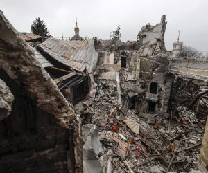 epa09886355 A picture taken during a visit to Mariupol organized by the Russian military shows destruction inside the destroyed Drama Theatre in Mariupol, Ukraine, 12 April 2022. At least 300 people died after a Russian airstrike on the Drama Theatre of Mariupol on 16 March, the Donetsk Regional State Administration sai whereas the Russian Defence Ministry denies the airstike and claims the theatre was blown up by the Azov battalion. Some 133,214 people, including two thousand people over the past day, left Mariupol through the gum corridor in the eastern direction, according to the head of the Russian National Defense Control Center.  EPA/SERGEI ILNITSKY