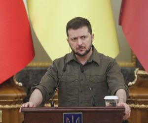 epa09888614 Ukrainian President Volodymyr Zelensky speaks during a press conference in Kyiv, Ukraine, 13 April 2022. Presidents of Poland, Lithuania, Latvia, and Estonia arrived in Ukraine to meet with top officials and express their support for Ukraine amid the Russian invasion.  EPA/SERGEY DOLZHENKO