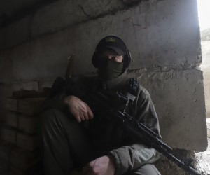 epa09893608 A Ukrainian serviceman rests in Severodonetsk, North-West of Luhansk, Ukraine, 16 April 2022. Russian troops entered Ukraine on 24 February resulting in fighting and destruction in the country and triggering a series of severe international economic sanctions on Russia.  EPA/STR