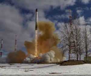 epa09899716 A handout still image taken from handout video made available by the Russian Defence ministry press-service shows launch of the Russian new intercontinental ballistic missile 'Sarmat' on Plesetsk Cosmodrome in Arkhangelsk region, (800 km north of Moscow), Russia, 20 April 2022. The 'Sarmat' missile has unique characteristics that allow it to reliably overcome any existing and future anti-missile defense systems. 'Thanks to the energy-mass characteristics of the missile, the range of its combat equipment has fundamentally expanded both in terms of the number of warheads and types, including planning hypersonic units,' said a statement from the Russian Defense ministry.  EPA/RUSSIAN DEFENCE MINISTRY PRESS SERVICE / HANDOUT  HANDOUT EDITORIAL USE ONLY/NO SALES