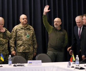 epa09909460 Ukrainian Defense Minister Oleksii Reznikov (3-R) during a meeting of Ministers of Defense at the US Air Base in Ramstein, Germany, 26 April 2022. The U.S. Secretary of Defense Austin has invited Ministers of Defense and senior military officials from around the world to Ramstein to discuss the ongoing crisis in Ukraine and various security issues facing U.S. allies and partners.  EPA/RONALD WITTEK