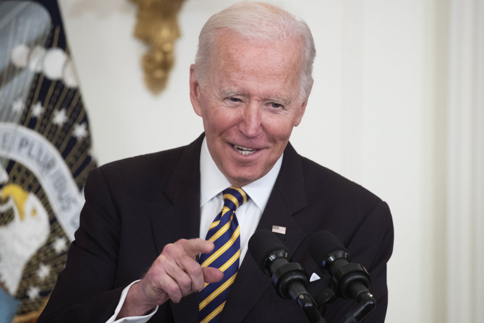 epa09913245 US President Joe Biden delivers remarks at an event for national and state teachers of the year, in the East Room of the White House in Washington, DC, USA, 27 April 2022. US President Joe Biden and First Lady Jill Biden hosted the Council of Chief State School Officers' 2022 National and State Teachers of the Year.  EPA/MICHAEL REYNOLDS