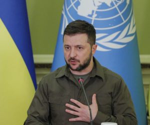 epa09914800 Ukrainian President Volodymyr Zelensky speaks during the joint press conference with UN Secretary-General Antonio Guterres (not pictured) in Kyiv (Kiev), Ukraine, 28 April 2022. The UN Secretary-General is on a working visit in Ukraine after his visit to Moscow on 26 April 2022.  EPA/SERGEY DOLZHENKO