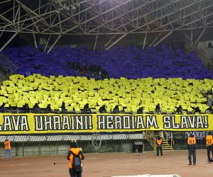 12.03.2022., stadion Poljud, Split - Hrvatski Telekom Prva liga, 27. kolo, HNK Hajduk - GNK Dinamo. Navijaci Dinama, Bad Blue Boysi izrazili su podrsku narodu Ukrajine.   Photo: Miroslav Lelas/PIXSELL