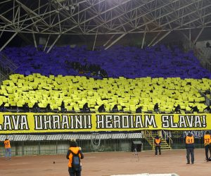 12.03.2022., stadion Poljud, Split - Hrvatski Telekom Prva liga, 27. kolo, HNK Hajduk - GNK Dinamo. Navijaci Dinama, Bad Blue Boysi izrazili su podrsku narodu Ukrajine.   Photo: Miroslav Lelas/PIXSELL