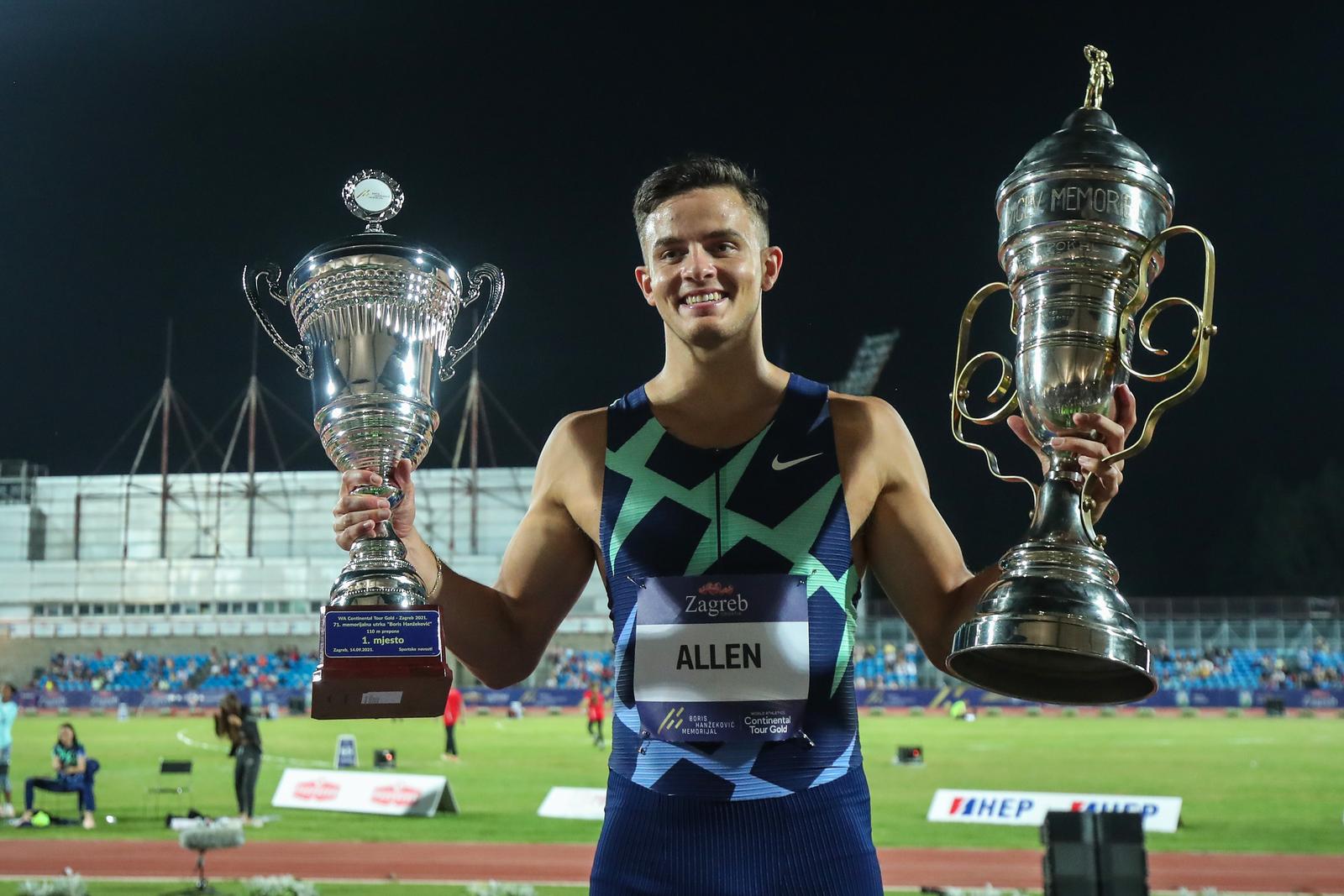 14.09.2021., SRC Mladost, Zagreb - World athletics Continental Tour Gold 2021., 71. Boris Hanzekovic memorijal.  Devon Allen pobjednik utrke 110 metara s preponama rPhoto: Goran Stanzl/PIXSELL