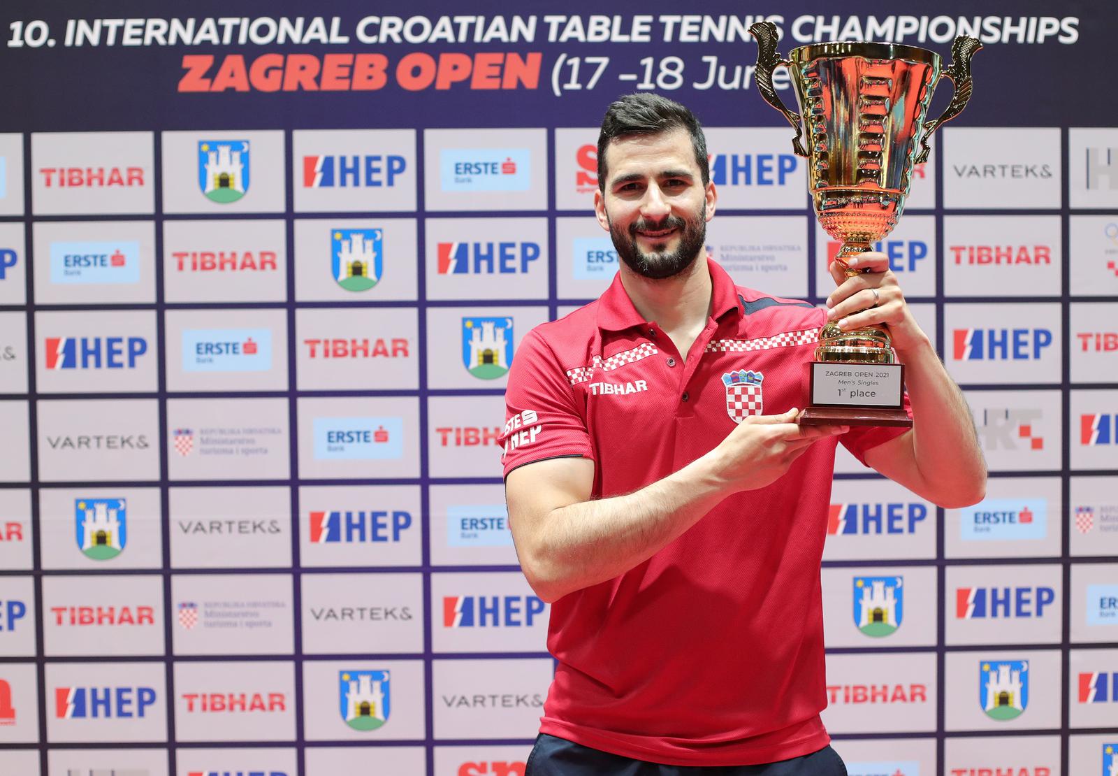 18.06.2021., Zagreb - Dom sportova, dvorana II. Zagreb Open, stolnotenisko medjunarodno natjecanje. Zavrsna dodjela priznjanja i pehara. Titulu za 2021. godinu osvojili su Andrej Gacina i Petra Petek. Photo: Sanjin Strukic/PIXSELL