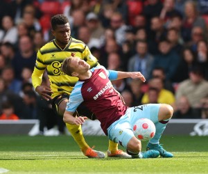 Soccer Football - Premier League - Watford v Burnley - Vicarage Road, Watford, Britain - April 30, 2022 Burnley's Matej Vydra in action with Watford's Christian Kabasele REUTERS/David Klein EDITORIAL USE ONLY. No use with unauthorized audio, video, data, fixture lists, club/league logos or 'live' services. Online in-match use limited to 75 images, no video emulation. No use in betting, games or single club /league/player publications.  Please contact your account representative for further details.