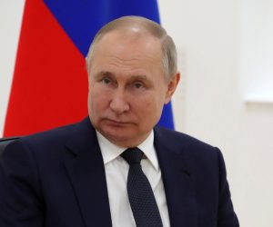 epa09885783 Russian President Vladimir Putin attends a meeting with Belarusian President Alexander Lukashenko (not pictured) in the engineering building of the technical complex of the Soyuz-2 space rocket complex at the Vostochny cosmodrome outside the city of Tsiolkovsky, some 180 km north of Blagoveschensk, in the far eastern Amur region, Russia, 12 April 2022. Belarusian President is on a working visit to Russia.  EPA/MIKHAIL KLIMENTYEV / KREMLIN POOL / SPUTNIK MANDATORY CREDIT