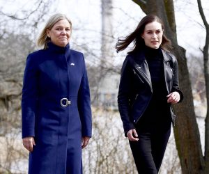 epa09887662 Swedish Prime Minister Magdalena Andersson (L) receives Finnish Prime Minister Sanna Marin prior to a meeting in Stockholm, Sweden, 13 April 2022. The two officials will have talks that are expected to focus on developments following the Russian invasion of Ukraine and the possible seeking to gain NATO membership.  EPA/PAUL WENNERHOLM  SWEDEN OUT