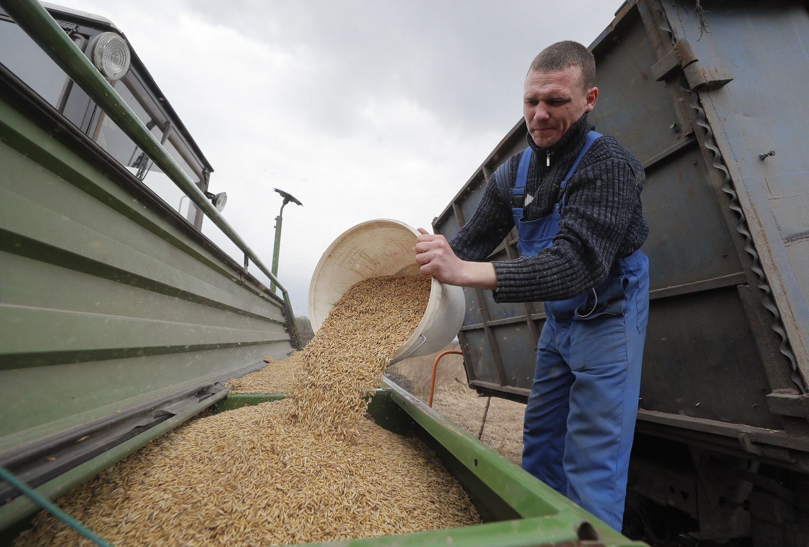 epa09893415 A farmer pours a bucket of oats at a field outside Kyiv (Kiev), Ukraine, 16 April 2022. Ukrainian farmers started working in their fields amid the ongoing Russian invasion of the country. The European Council accepted a decision to instruct the European Commission to support Ukraine's agriculture and food security following a meeting held on 24-25 March 2022 in Brussels.  EPA/SERGEY DOLZHENKO