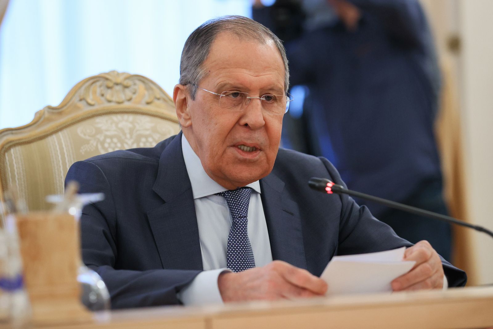 epa09902444 A handout photo made available by the press service of the  Russian Foreign Affairs Ministry shows Russian Foreign Minister Sergei Lavrov attending a meeting with Mukhtar Tileuberdi (not pictured), Deputy Prime Minister - Minister of Foreign Affairs of the Republic of Kazakhstan,  in Moscow, Russia, 22 April 2022. Kazakh Foreign Minister is on a working visit to Russia.  EPA/RUSSIAN FOREIGN AFFAIRS MINISTRY / HANDOUT MANDATORY CREDIT / HANDOUT EDITORIAL USE ONLY/NO SALES HANDOUT EDITORIAL USE ONLY/NO SALES