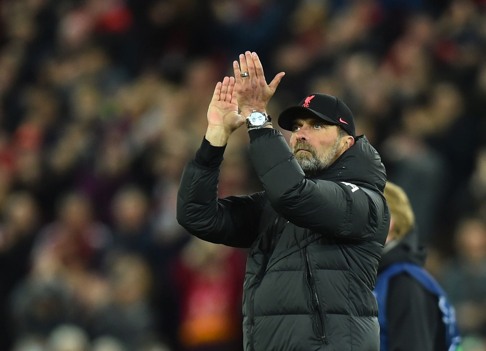 epa09913163 Liverpool's manager Juergen Klopp celebrates after the UEFA Champions League semi final, first leg soccer match between Liverpool FC and Villarreal CF in Liverpool, Britain, 27 April 2022.  EPA/PETER POWELL