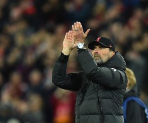epa09913163 Liverpool's manager Juergen Klopp celebrates after the UEFA Champions League semi final, first leg soccer match between Liverpool FC and Villarreal CF in Liverpool, Britain, 27 April 2022.  EPA/PETER POWELL
