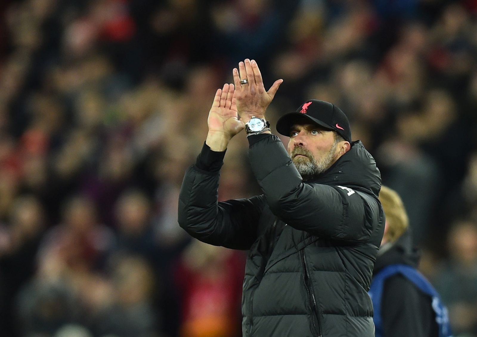 epa09913163 Liverpool's manager Juergen Klopp celebrates after the UEFA Champions League semi final, first leg soccer match between Liverpool FC and Villarreal CF in Liverpool, Britain, 27 April 2022.  EPA/PETER POWELL