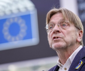 epa09924751 Member of European Parliament and Co-Chair of the Conference on the Future of Europe's Executive Board, Guy Verhofstadt, speaks during a debate on the follow up of the Conference on the Future of Europe, at the European Parliament in Strasbourg, France, 03 May 2022.  EPA/JULIEN WARNAND