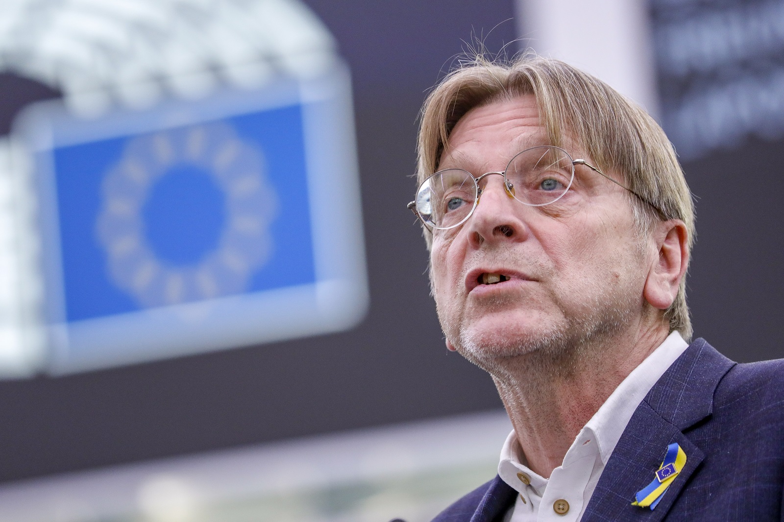 epa09924751 Member of European Parliament and Co-Chair of the Conference on the Future of Europe's Executive Board, Guy Verhofstadt, speaks during a debate on the follow up of the Conference on the Future of Europe, at the European Parliament in Strasbourg, France, 03 May 2022.  EPA/JULIEN WARNAND