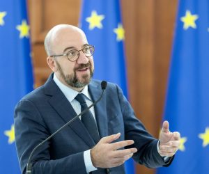 epa09926121 European Council President Charles Michel speaks during a joint press conference with President of Moldova Maia Sandu (not pictured) in Chisinau, Moldova, 04 May 2022. Charles Michel called for more EU military support to Moldova and aid in the ongoing refugee crisis amid the Russian invasion of Ukraine.  EPA/DUMITRU DORU