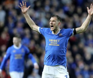 epa09929479 Borna Barisic of Rangers celebrates after winning the UEFA Europa League semi final, second leg soccer match between Rangers FC and RB Leipzig in Glasgow, Britain, 05 May 2022.  EPA/ROBERT PERRY