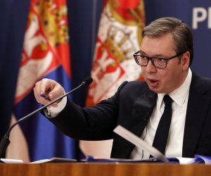 epa09930631 Serbian President Aleksandar Vucic talks during a press conference in Belgrade, Serbia, 06 May 2022. Vucic said during the press conference that Serbia will stay on its path to become a full European Union member state despite not introducing sanctions to Russia over the aggression in Ukraine.  EPA/ANDREJ CUKIC