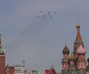 epa09931137 Russian MiG-29SMT fighters in flight order 'Z' perform a flyover during the Victory Day military parade general rehearsal in the Red Square in Moscow, Russia, 07 May 2022. The Victory Day military parade will take place 09 May 2022 in the Red Square to mark the victory of the Soviet Union over Nazi Germany in World War II.  EPA/SERGEI ILNITSKY